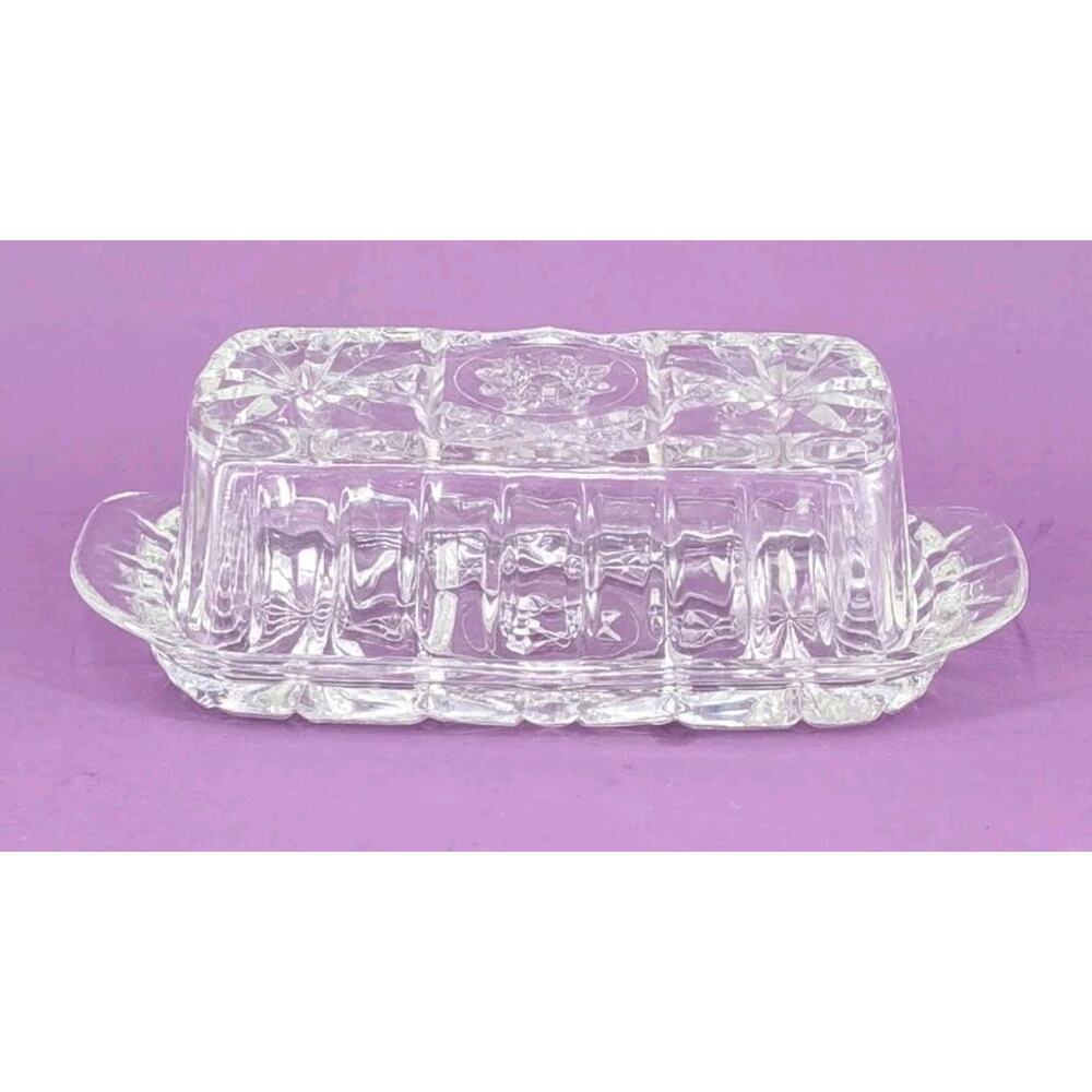 Vintage Anchor Hocking Star of David Glass Butter Dish EAPC Clear Pressed Glass